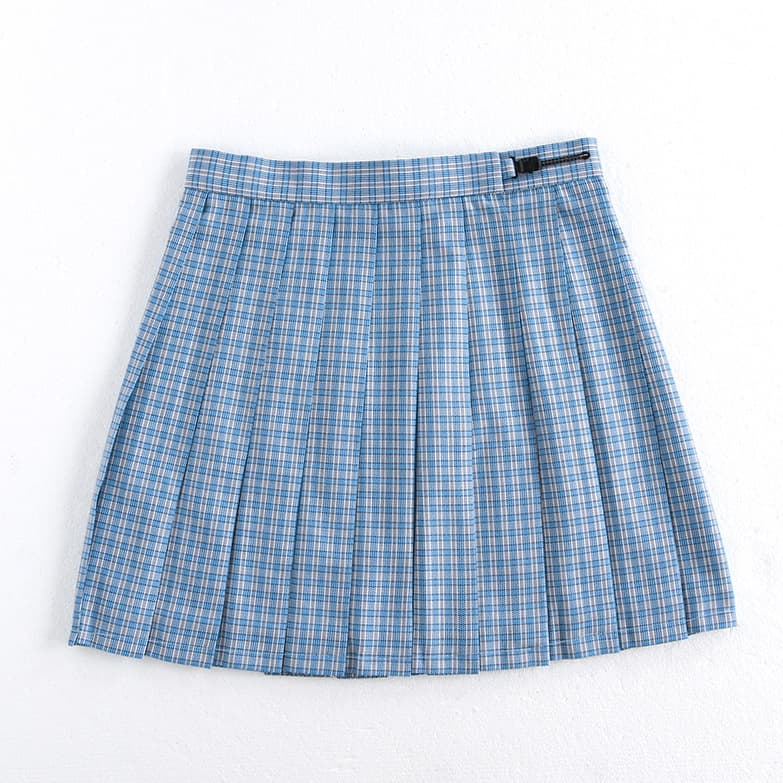 プリーツスカートブルー格子柄制服風ミニスカート