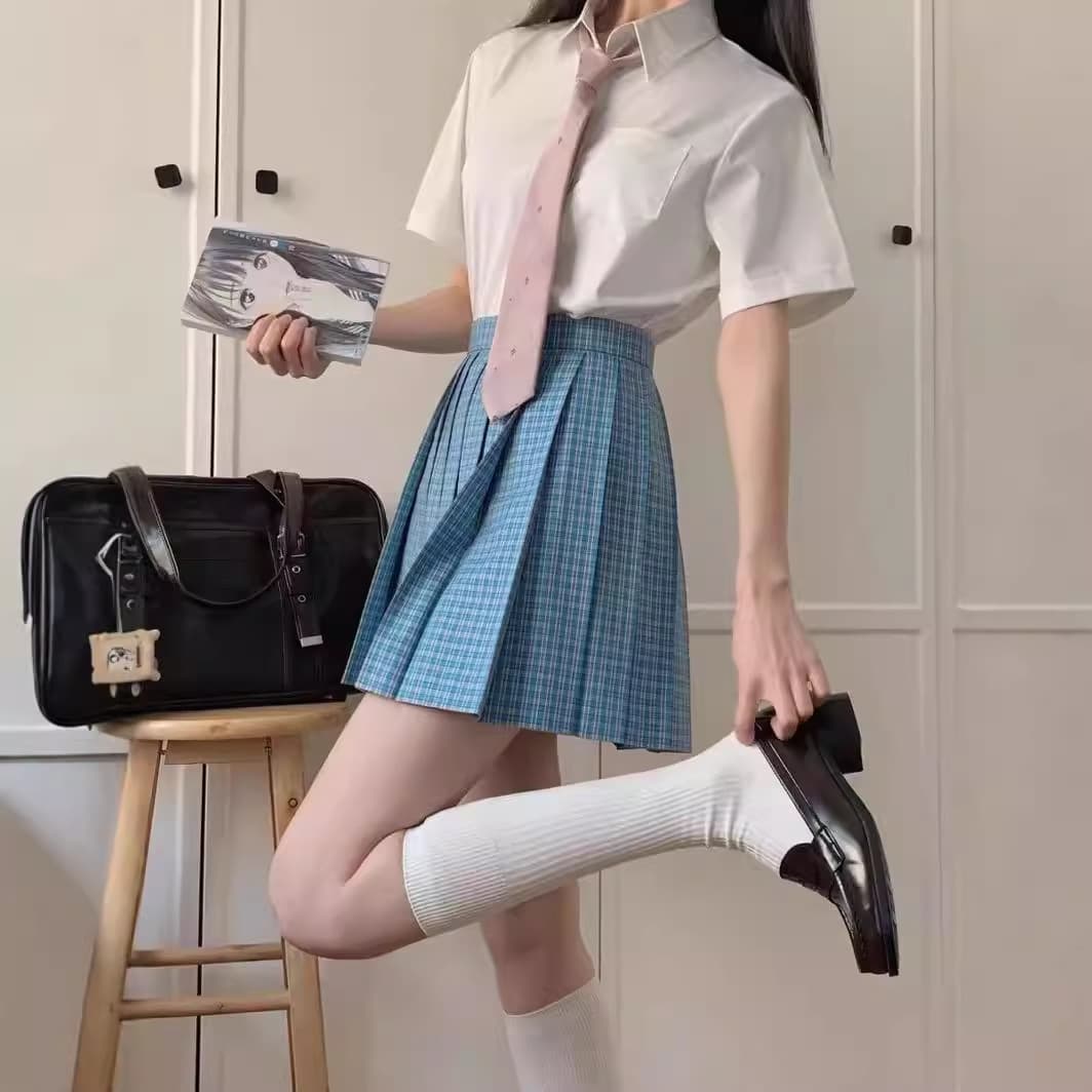 プリーツスカートブルー格子柄制服風ミニスカート